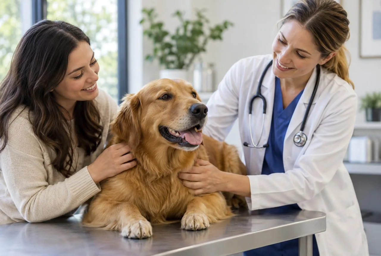 Golden-colored dog with owner and veterinarian in consultation at table